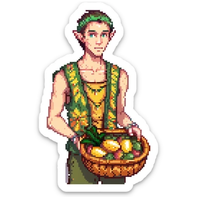 elf male Sleeveless vest with palm-leaf print, basket of exotic fruits (mango/lychee), sunburned nose. sticker