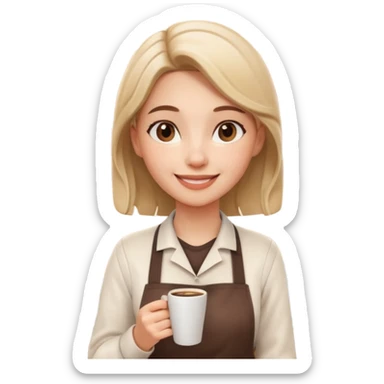 female barista portrait, head and shoulders only, wearing coffee shop apron collar, holding a takeaway cup near face, warm friendly smile, cozy cafe vibe, 3D cartoon, mobile game icon style, clean background, no text, no watermark
 sticker