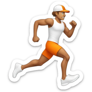 tanned man running with white shoes and orange cap sticker