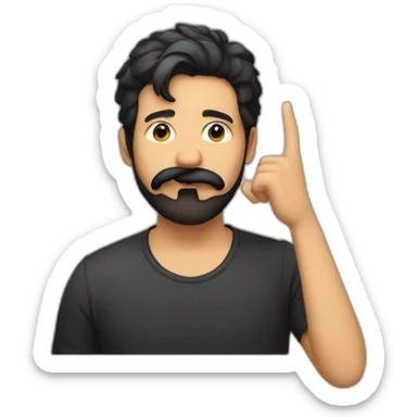 A guy with his finger in his mouth making the silence sign, black hair, beard sticker