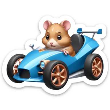 dark crystal blue and rosegold-accented faceted-body electric racing car driven by a small cute but fearless hamster with rear spoiler, roll bar, and wheely bar sticker
