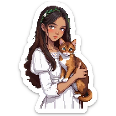 beautiful girl with long black hair wearing a white dress holding an Abyssinian cat with reddish-brown fur in her arms sticker