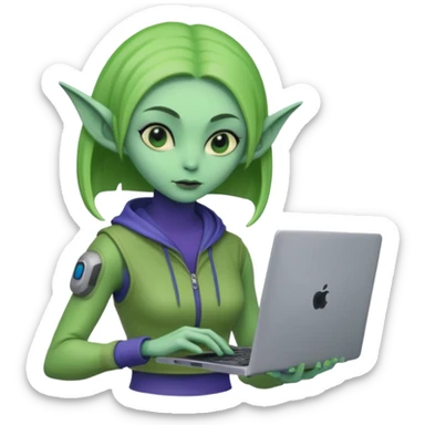lady alien with only gaming laptop. negative : headphones. sticker