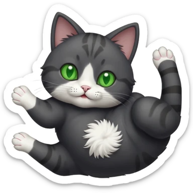 solid dark grey cat with green eyes, white toes/paws and white patch on her chest playfully rolling upside down sticker