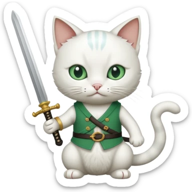 un gato blanco con reeferencia a roroa zoro "una espada en cada mano y una en la boca sticker