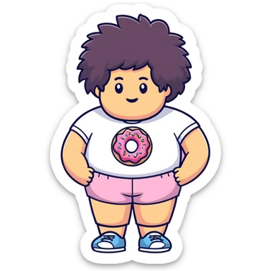 Guy with fluffy hair, donut shorts and a big 6 7 behind him sticker