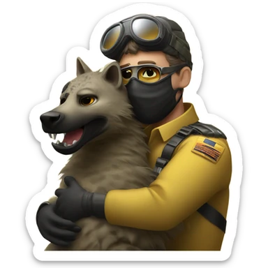 Yellow army Pilot with black mask googles, and then a big hyena hugging him sticker