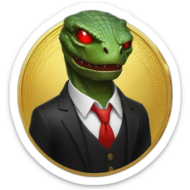 Reptilian with red laser eyes in black suite on the golden coin sticker
