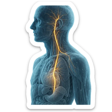 realistic human body with highlighted vagus nerve, left lateral view, detailed anatomy, vagus nerve path clearly visible, cold effect with snowflakes and blue light, transparency on internal organs, neutral background sticker