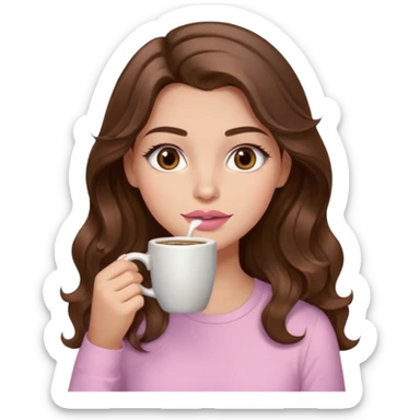 girl with wavy long brown hair, brown eyes, light to medium complexion, long lashes, light pink lipstick, wearing light pink shirt, sipping coffee sticker