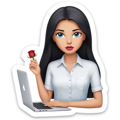Glamours tanned very beautiful girl with pump slightly rose/nude lips and black straight smooth long hair, blue-grey eyes in white shirt with MacBook. sticker