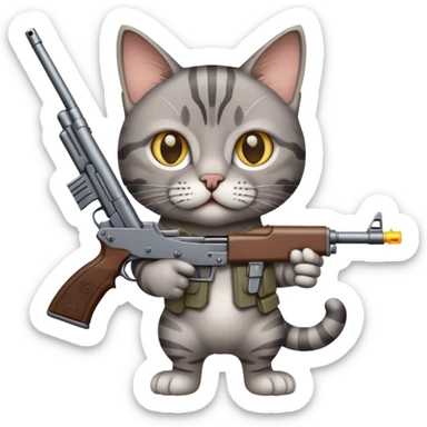 Gray tabby cat with a gun sticker