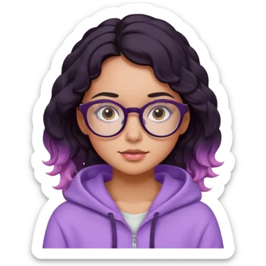 emoji of a woman, slighty tanned skin, cute freckles, pink cheeks, wavy black hair, big frame glasses and cute eyes, wearing a lilac hoodie  sticker