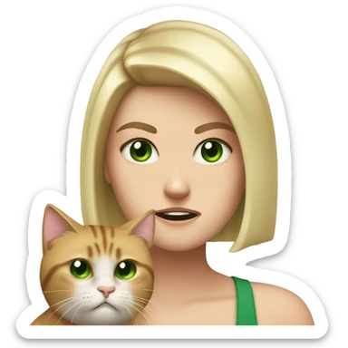 A white girl with blonde bob hair and green eyes is angry at a cat she is holding sticker