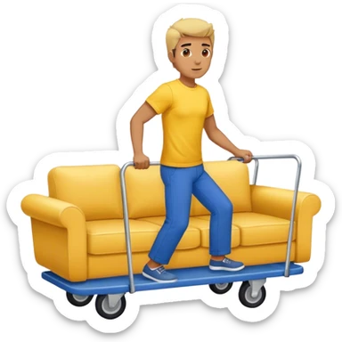 man in blue pants and yellow t-shirt, moving a sofa on trolly sticker