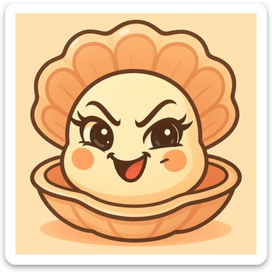 Enhance the mischievous expression of the oyster, keep the pastel, pearly, cream, peach, and greige colors accentuated, make the eyes very expressive and luminous with elegant eyelashes, emphasize the large shell and the small oyster, maintain the pastel toon style and the background as in the reference image. sticker
