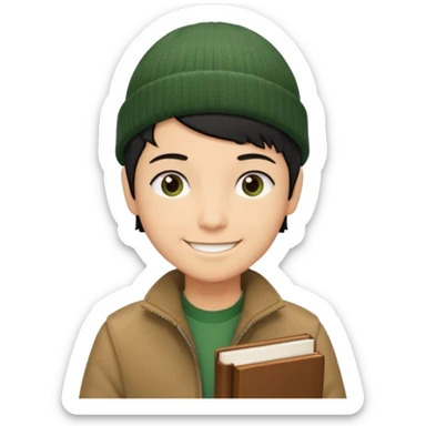 tan skin, non binary man with pixie cut black hair, wearing brown jacket and dark green beanie, smiling , holding up books  sticker