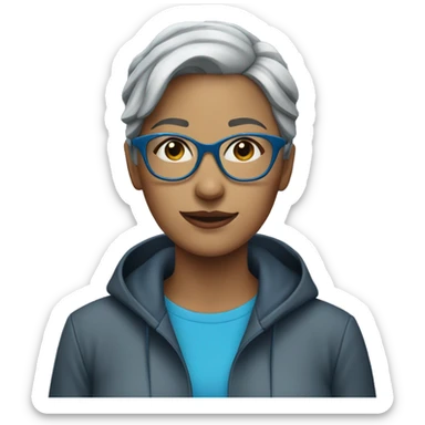 Woman with short gray hair and blue rimed glasses in the rain sticker