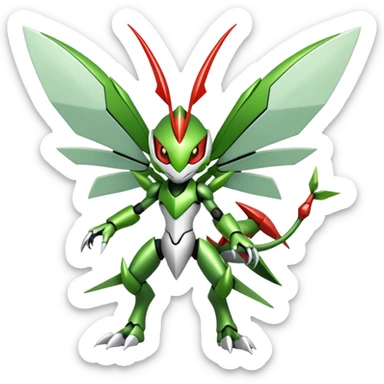 Cute Cool Edgy Shiny Futuristic Ethereal Legendary Kartana-Digimon-Scyther-Scizor-hybrid full body sticker