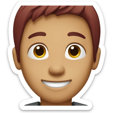 A boy with burgundy hair. His hair is a bit long and straight. He doesn't wear glasses and is smiling.
 sticker