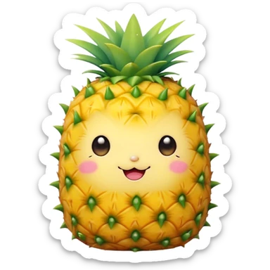 Cute Kawaii Pineapple, tiny and round, bright golden yellow with a spiky green top, chubby cheeks, playful winking expression, soft pastel textures, sweet and tropical vibes! sticker