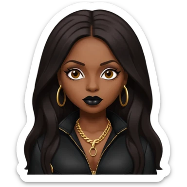 Foxy Brown, Rapper with dark brown long hair, black lip, black outfit sticker