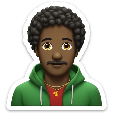 black man with curly hair, and a hoodie and a thin moustache wearing a necklace of the sudan flag sticker