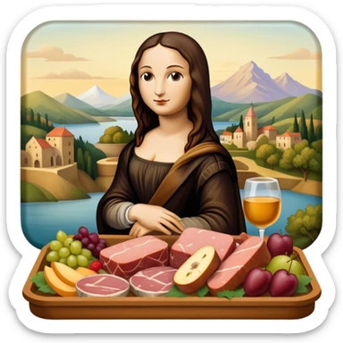  mona lisa with SPAM MEAT charcuterie and fruit tray renaissance landscape sticker