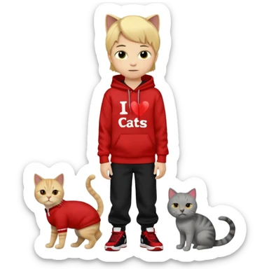 A 8 year old boy wearing a red and black hoodie say I heart cats he’s blond he has red Jordan’s and Hess wearing black pants he’s next to a gray cat with yellow eyes  sticker