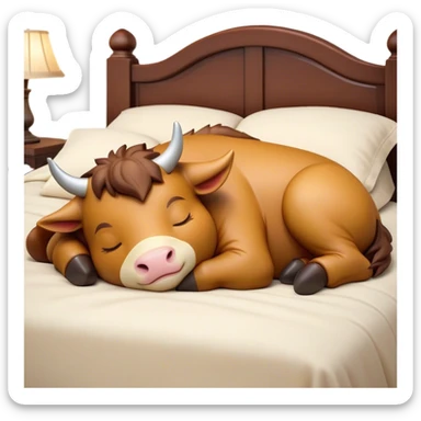 Meme-Worthy Cute Sleeping Domestic Ox Portrait Emoji, Head resting peacefully with a contented smile, showcasing a massive, sturdy build and a luxuriously soft hide, eyes gently closed in serene, restful slumber, Simplified yet hilariously adorable features, highly detailed, glowing with a soft, drowsy natural light, high shine, relaxed and utterly lovable, stylized with an air of playful laziness, soft glowing outline, capturing the essence of a sleeping ox that feels destined to become the next viral sensation of adorable rest! sticker