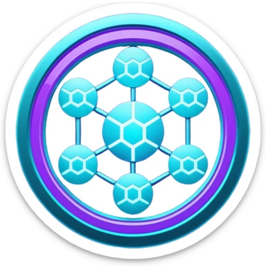 Futuristic blockchain node badge icon, circular emblem with interconnected glowing nodes, all nodes softly illuminated, neon cyan and violet gradient, sci-fi web3 game UI style, metallic rim, dark background, 3D polished game asset, sharp and high detail, centered composition sticker