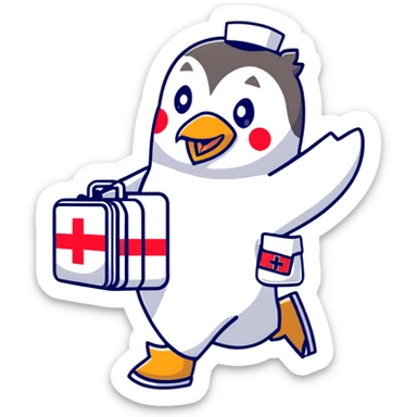 side view of a doctor penguin running with a top hat holding a first aid medical box with a red cross sticker
