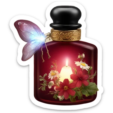 Dark red magic fairy light sparkling old Antique oil perfume bottle with herbal and flowers sticker