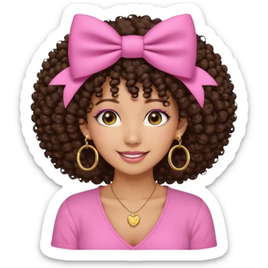 Naturally tan skin girl short darkBrown curly afropink shirt very long lashes hoop gold earrings Brown eyes gyaru smiling closed mouth cute bow hairclip small on the side. V neck pink shirt. Teenager sticker