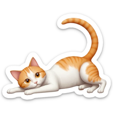 ginger and white cat with orange eyes doing a big extremely long stretch reaching up into the air with arms and legs side by side together straight and overextended whilst lying on its side sticker