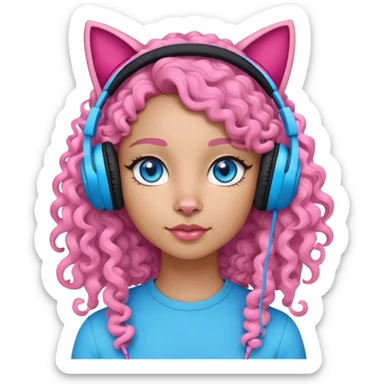 A woman with curly half black half white long hair and bright blue eyes wearing pink cat over the ear headphones sticker