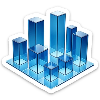 A minimalist 3D illustration of abstract glass buildings in blue tones, made of transparent glass-like materials with soft lighting and subtle reflections, isometric perspective, white background, futuristic architecture concept, volumetric light, clean render, high detail, no text sticker