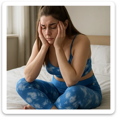 A slender woman in 4K, sitting on the bed in the morning, holding her head in her hands, with tired and swollen eyes, an exhausted expression, and dim natural light, inspired by the reference photo. sticker