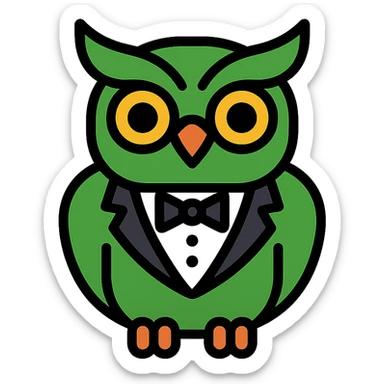 a green owl dressed in a tuxedo, modern icon style sticker