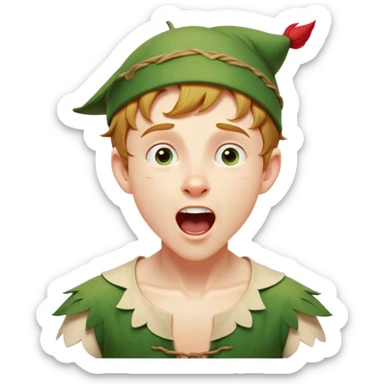 Cinematic Realistic Peter Pan Portrait, head tilted slightly with a dramatic, wide-open yawn, revealing a relaxed yet spirited expression. His detailed tunic and cap, paired with a gentle, ambient glow, capture a tender moment of vulnerability amidst his eternal quest for adventure. sticker