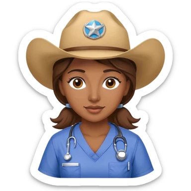 Woman with brown hair wearing scrubsand a cow girl hat sticker