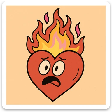 heart with flames of fire in red-orange, yellow, and pink, cartoon style sticker