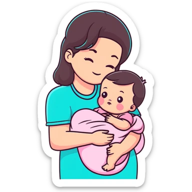 brunette mom cuddling baby with pastel pink clothing and accessories sticker
