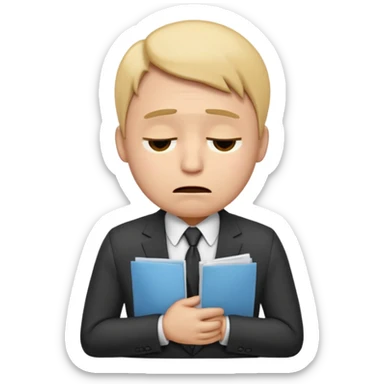  emoji character wearing a suit. face has a very sad crying, disappointed expression with drooping eyebrows and half-closed eyes. posture is dejected, with slumped shoulders just rejected from his interview to get a job, holding cv. dont relate to any gender sticker