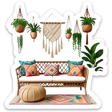cozy bohemian living room with macrame wall hanging, plants, rattan furniture, and colorful cushions sticker