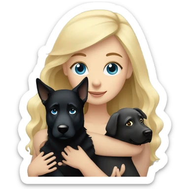 blonde girl with blue eyes cuddled with a black German shepherd  sticker