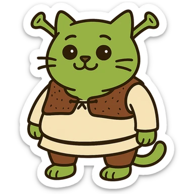 flat toon style cat as Shrek with green skin and ogre ears, cartoonish sticker