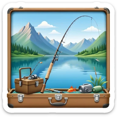 Icon for Fishing Travel: a fishing rod, tackle box and a boat on a calm lake surrounded by mountains and lush greenery, with fish jumping out of the water. The icon should capture the peaceful and adventurous nature of fishing trips. Transparent background. sticker