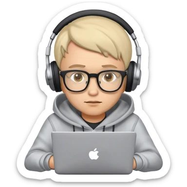 Emoji of an IT professional: wearing glasses, hoodie or T-shirt, using a laptop, focused expression, possibly with headphones or coffee sticker