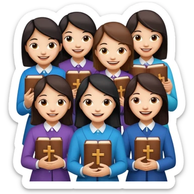 eight asian girls holding bibles and crosses and laughing  sticker